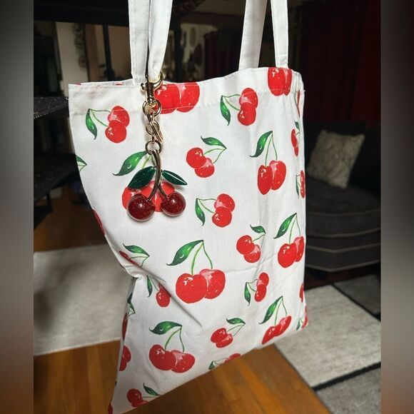 Cherry Print Tote Bag with cherry Key Chain - Picture 1 of 8